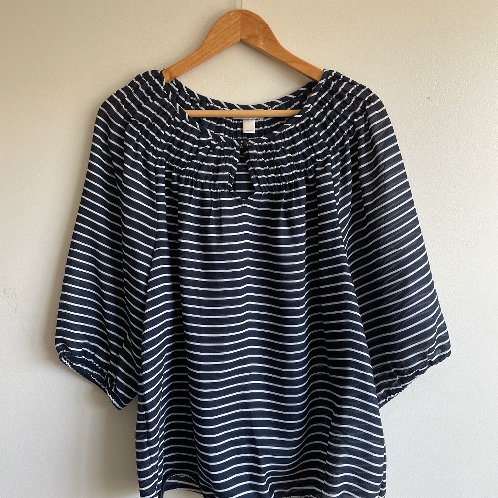 LOFT Blue and White striped blouse 3/4 sleeve Size Large